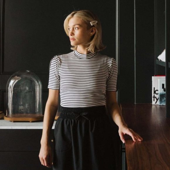 Albion Puff Sleeve Tee, White and Black Stripe - Picture 1 of 5